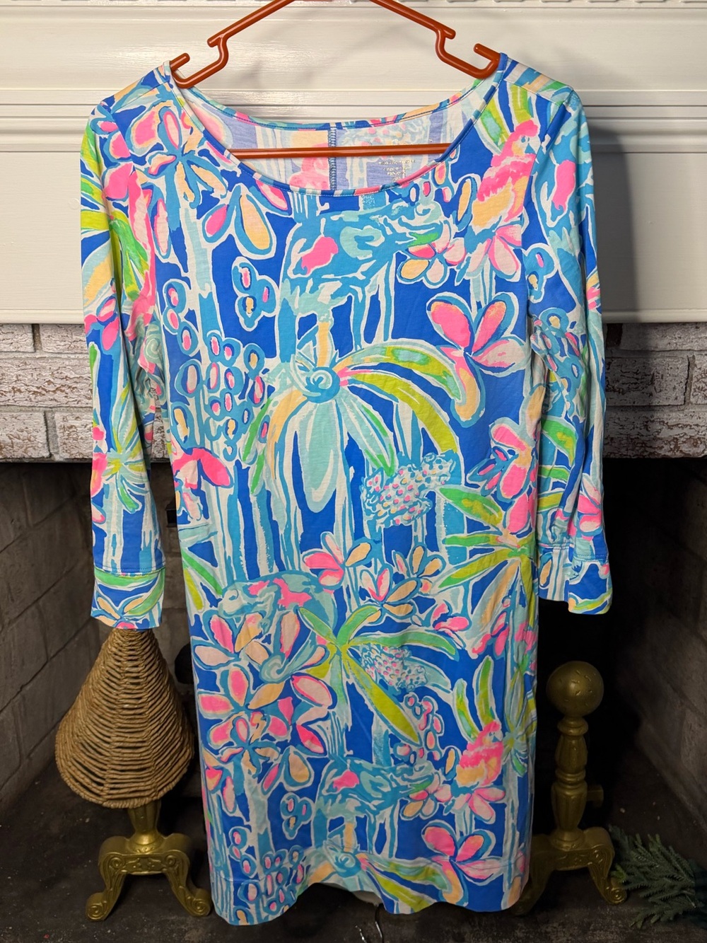 Lilly Pulitzer Pima Cotton Blue Floral Midi Dress with Pink & Green Accents
